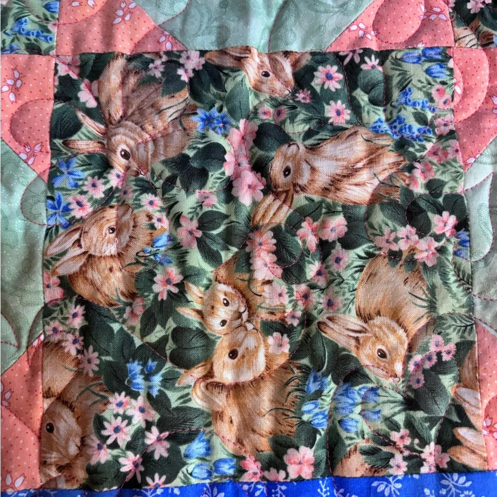 Handmade Quilt Patchwork Blocks Bunnies & Flowers 42” x 42”